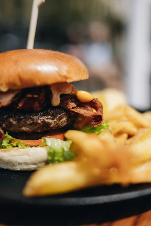 a close up of a hamburger with some fries