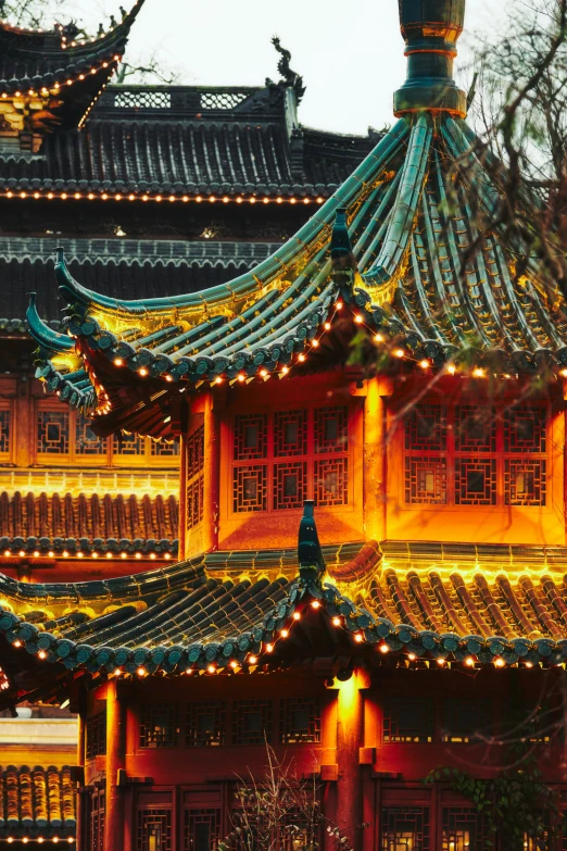 an ornate building with chinese lights strung around it