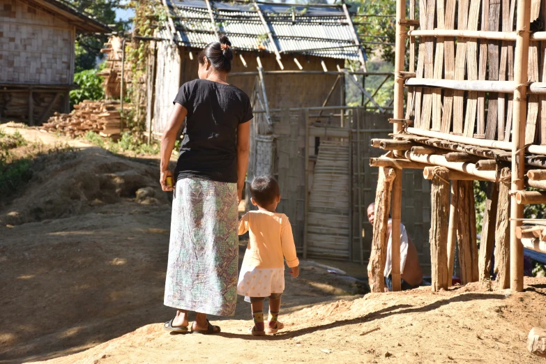 two people are standing in front of some shacks