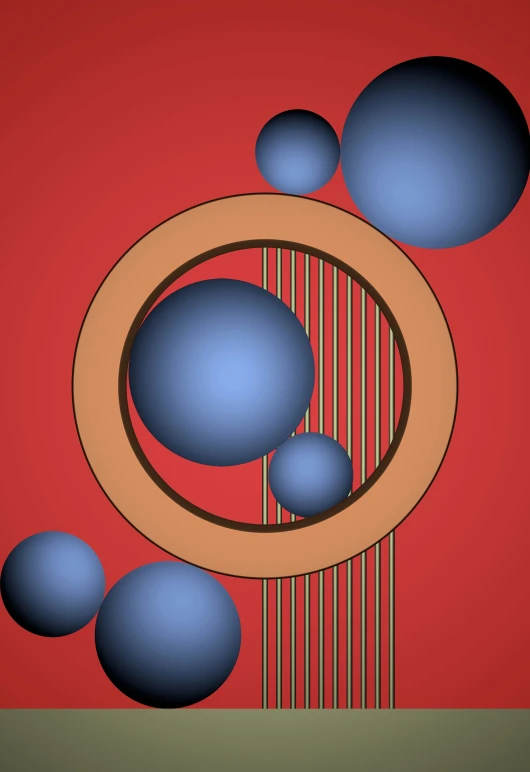 a painting with three blue balls in the center