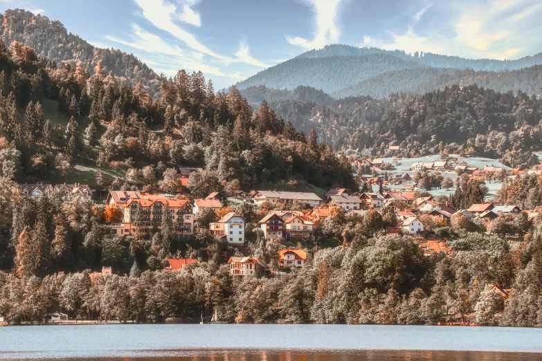 a mountain range with small town nestled between the trees