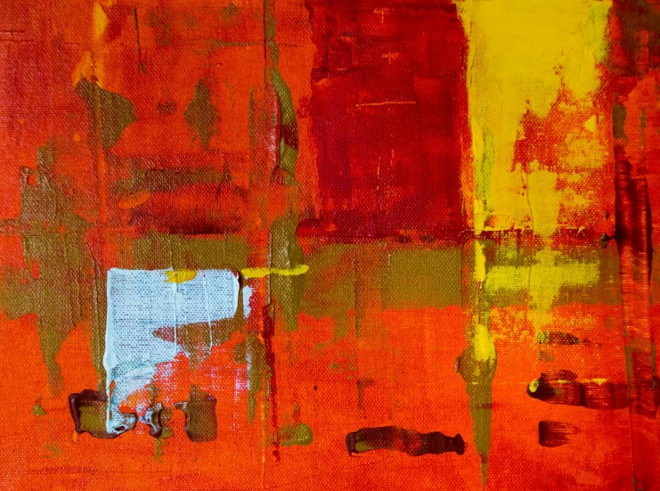 a red yellow and orange painting with brown squares