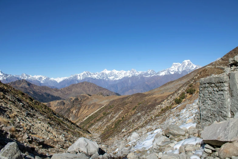 the snow covered mountains in the background, as seen from a ridge