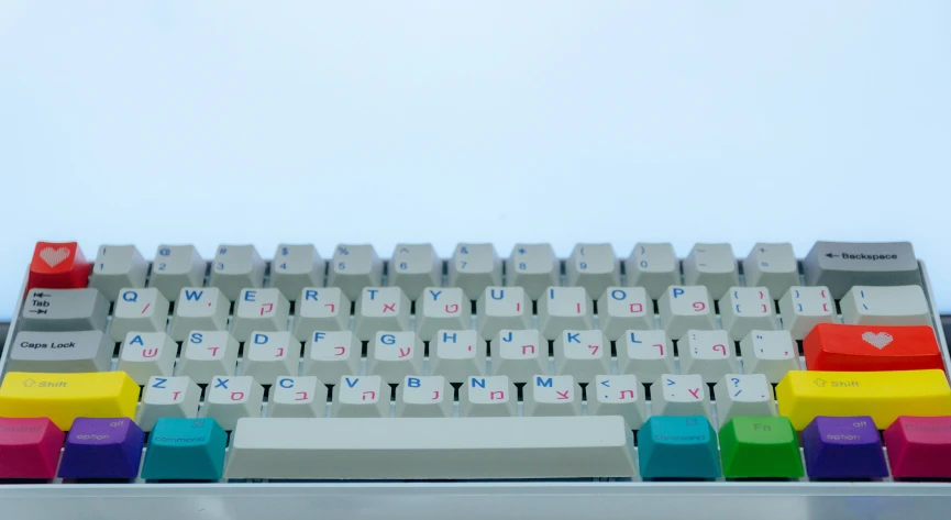 an apple keyboard with colored keys and labels