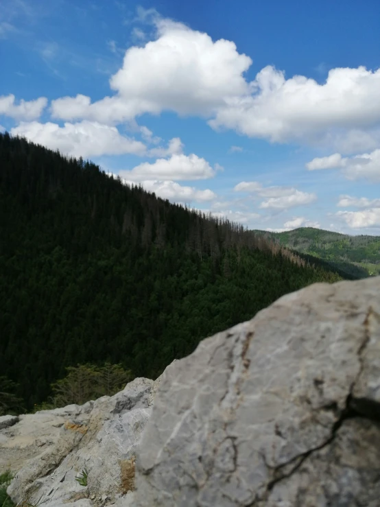 a large stone bench on top of a rock in the woods