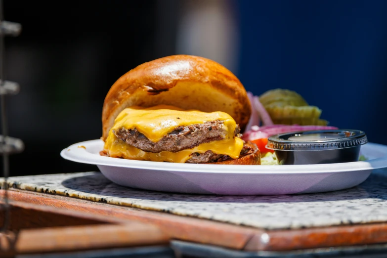 the large cheeseburger is served on the plate