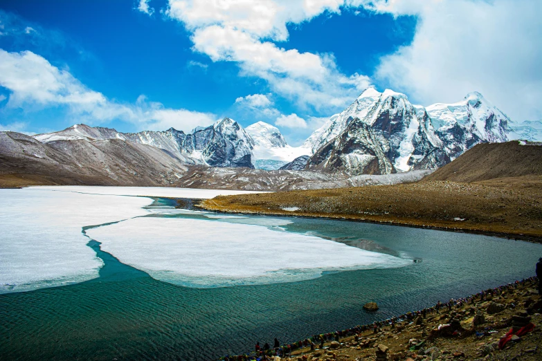 the view of a lake and mountain range from below