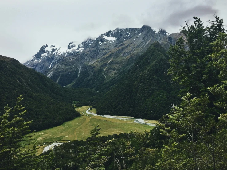 a valley with a river and some trees in the foreground