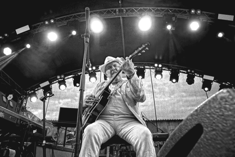 a man sitting on a stool while playing guitar