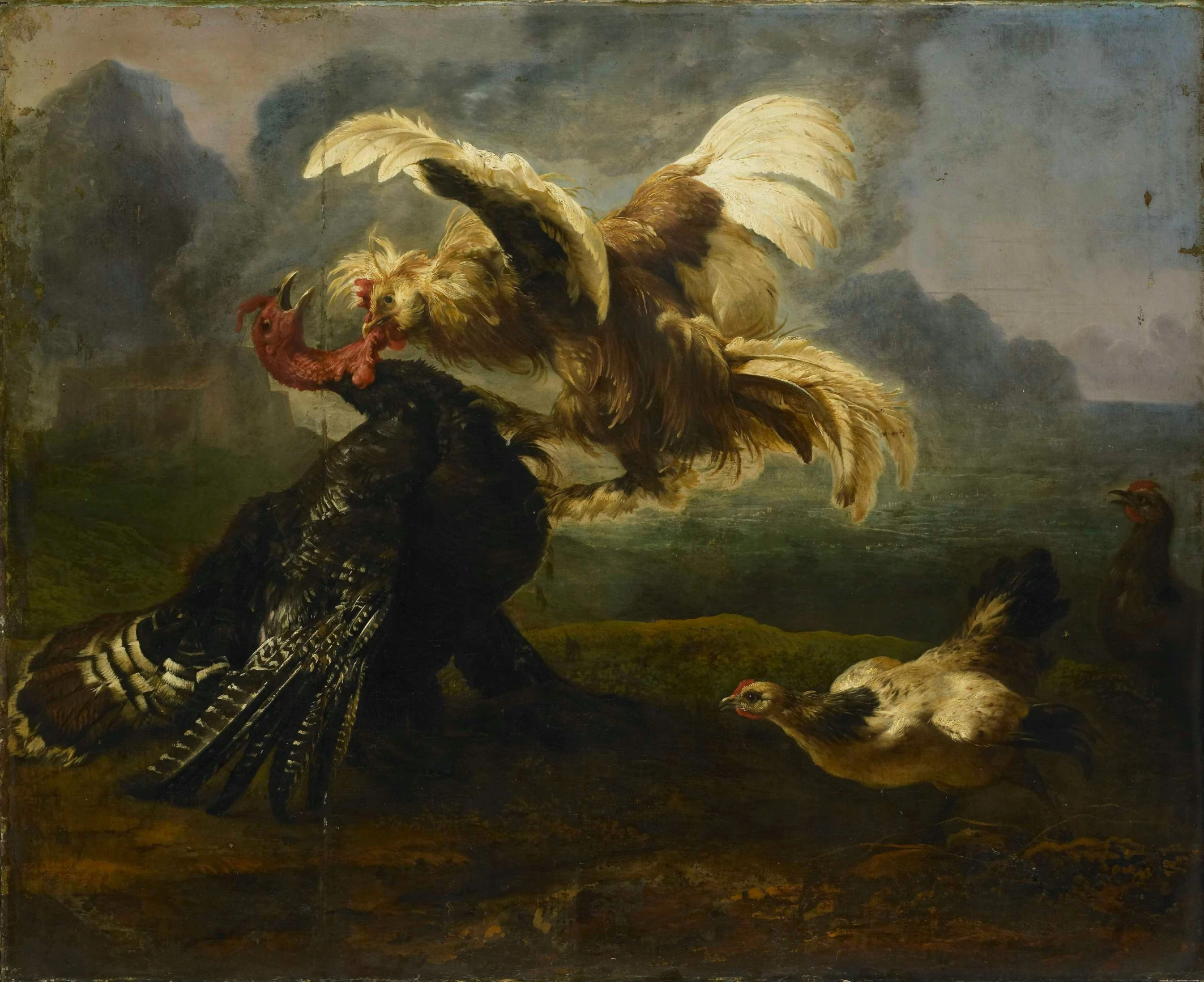 a painting that shows a rooster holding a bird