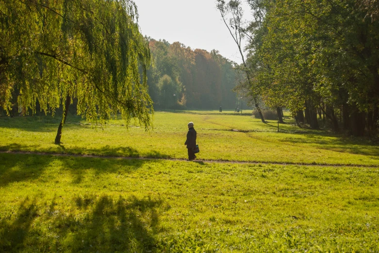 a woman standing in the middle of a lush green field