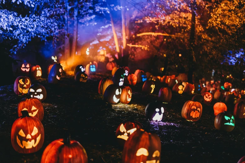 halloween pumpkins in a forest with people dressed as ghosts