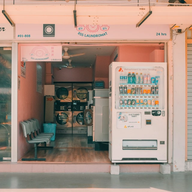 a vending machine sits outside of an old building