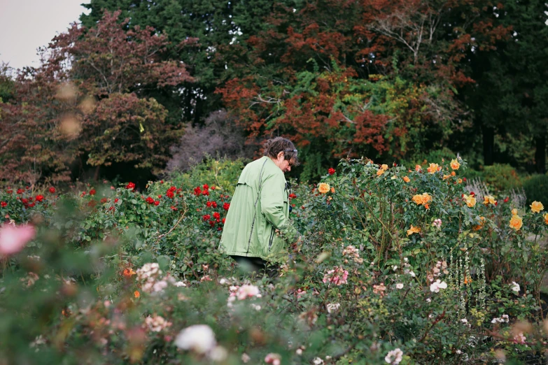 woman in green coat walking through garden filled with flowers