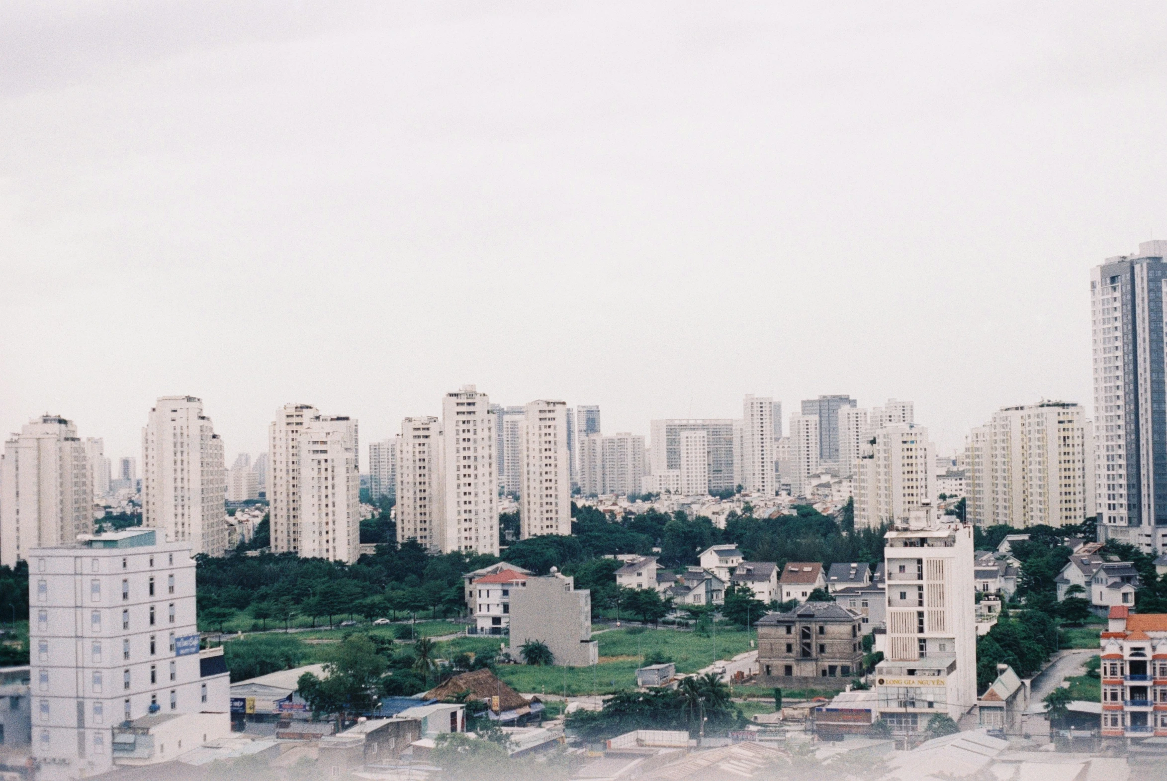 a view of the city skyline from high up