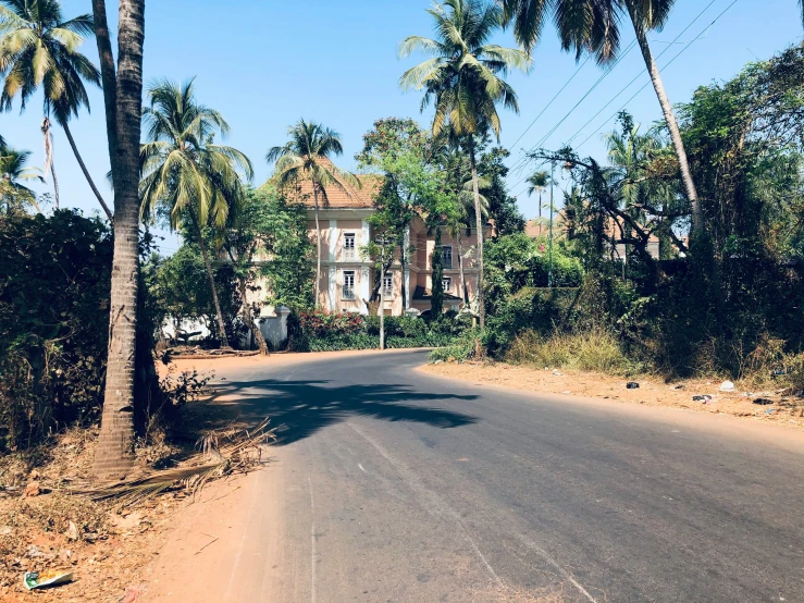 the street with trees in front of a house