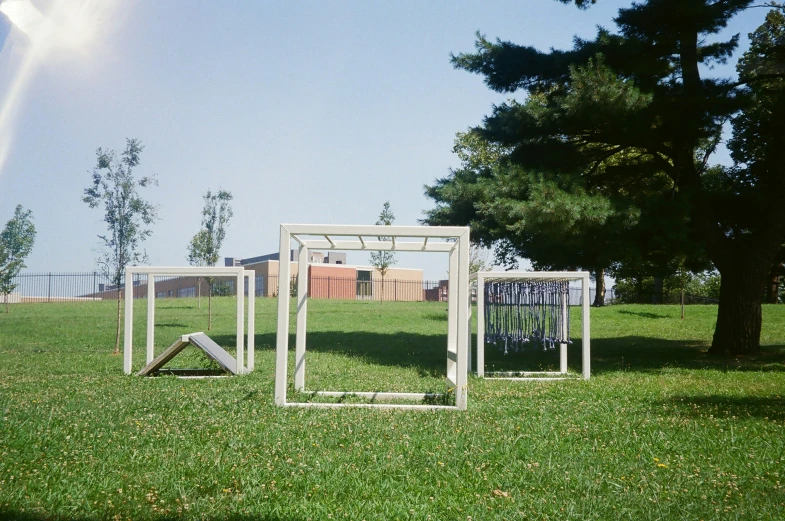 the grass with the sculpture and other items in it