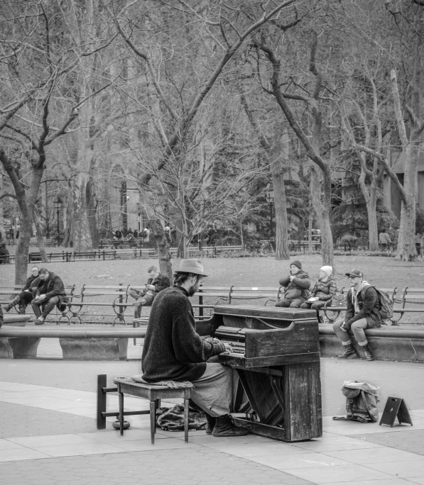 black and white po of a man sitting at a piano