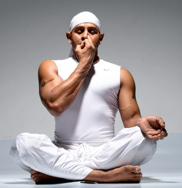 a man wearing a white vest sitting cross legged