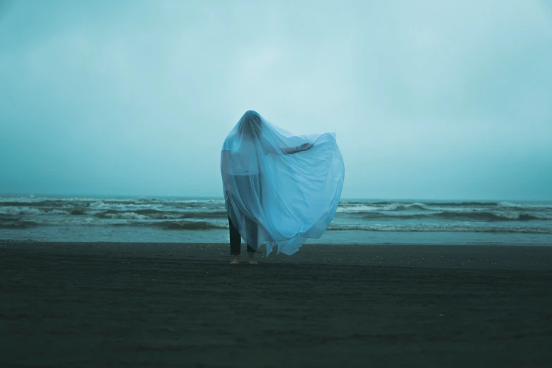 a woman with a long veil standing on the beach at night