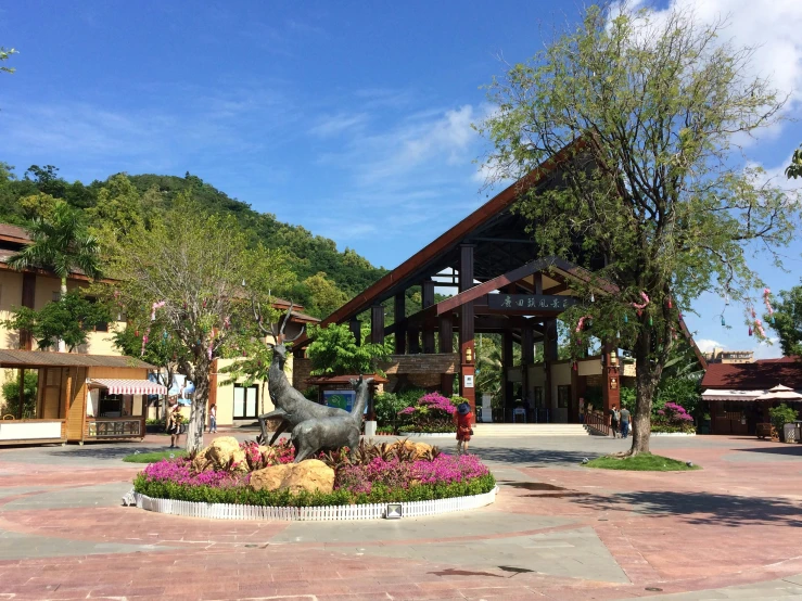 the courtyard of an office building in the mountains