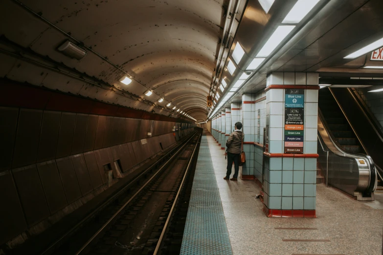 two people standing on either side of the tracks while in the subway