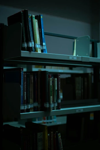 shelves with books in a dark room