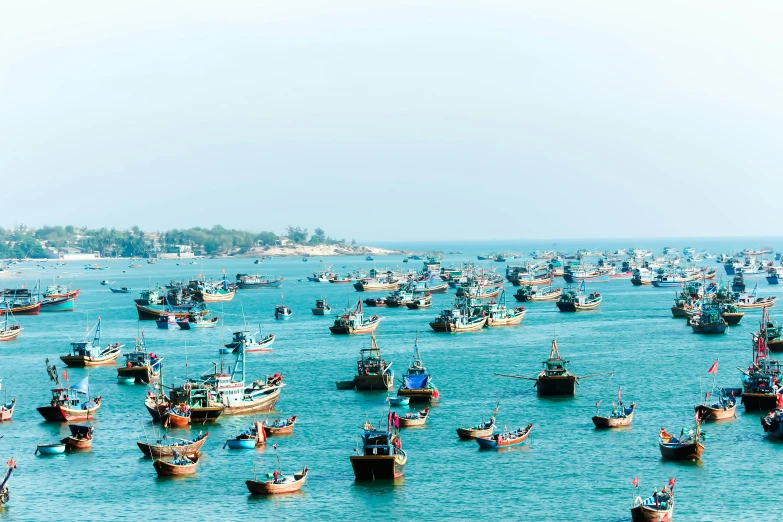 many fishing boats are in the blue waters