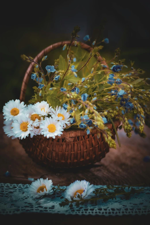 a basket filled with lots of flowers on top of a table