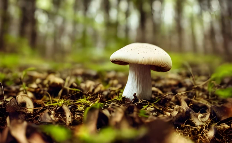 mushrooms sitting in the middle of leaves and ferns