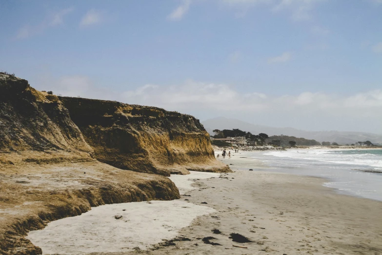 people walking on a beach in front of a cliff