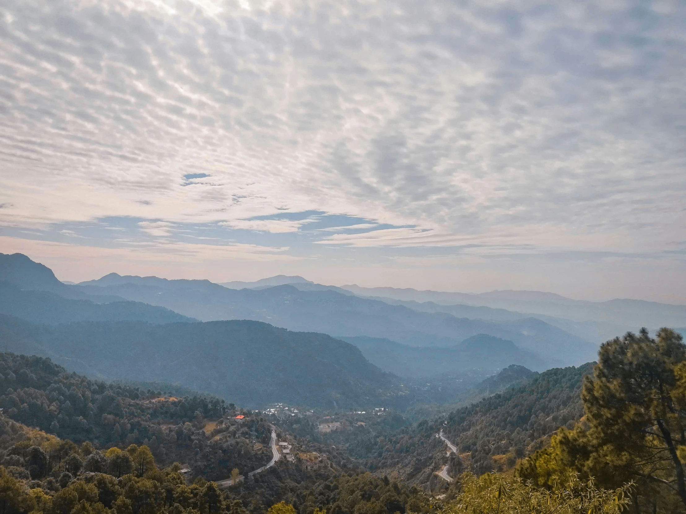 a view of trees and mountain with white clouds