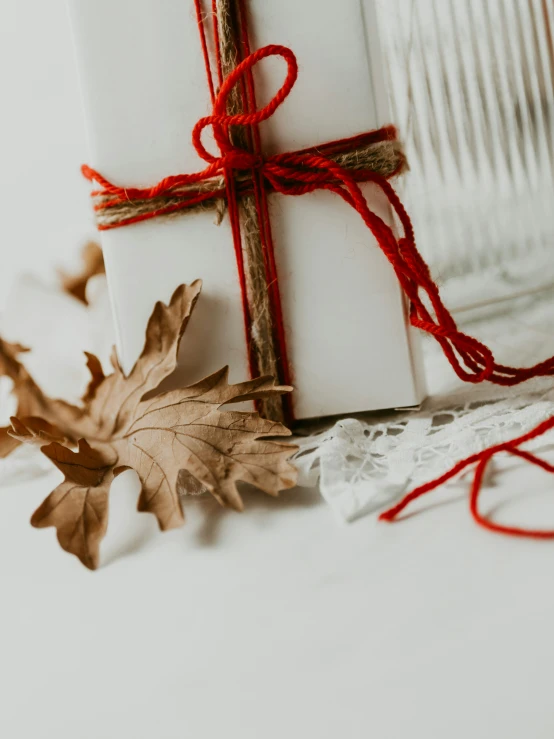 a gift box wrapped in white paper with red ribbon and decorated leaf