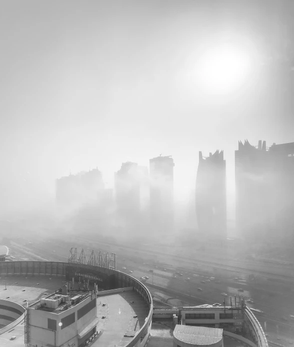 a large city on a foggy day