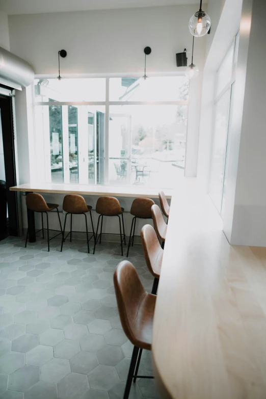 a room with several chairs next to the window