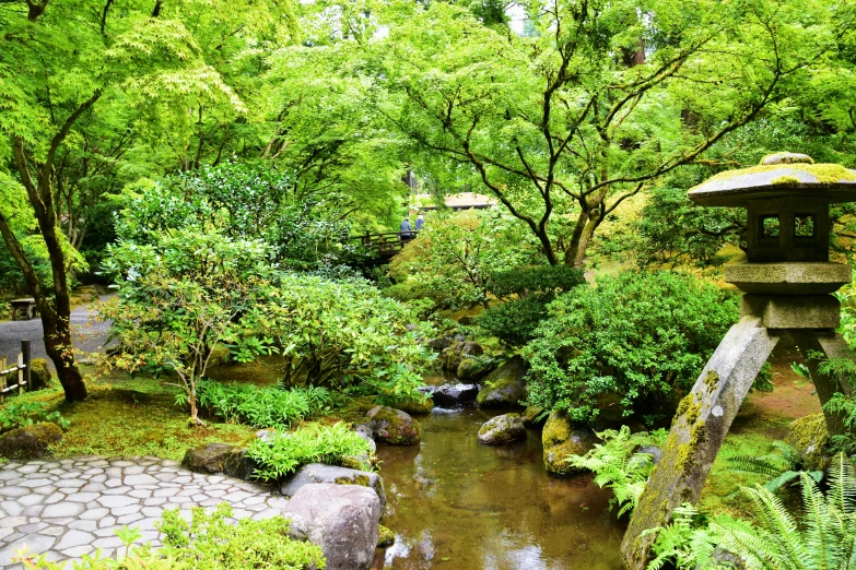 an oriental garden in the city with trees and stones