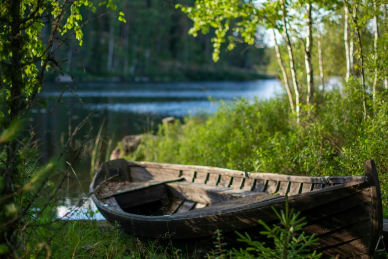 a wooden canoe sitting on top of a grass covered ground