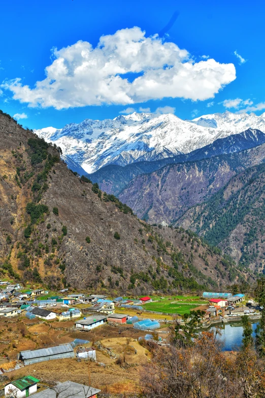 mountains covered in snow behind small town on the outskirts