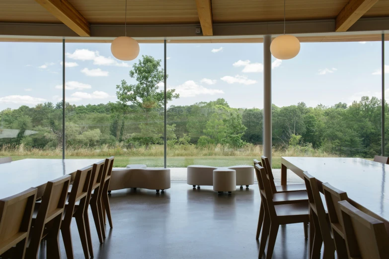 an empty, large open room with benches and tables