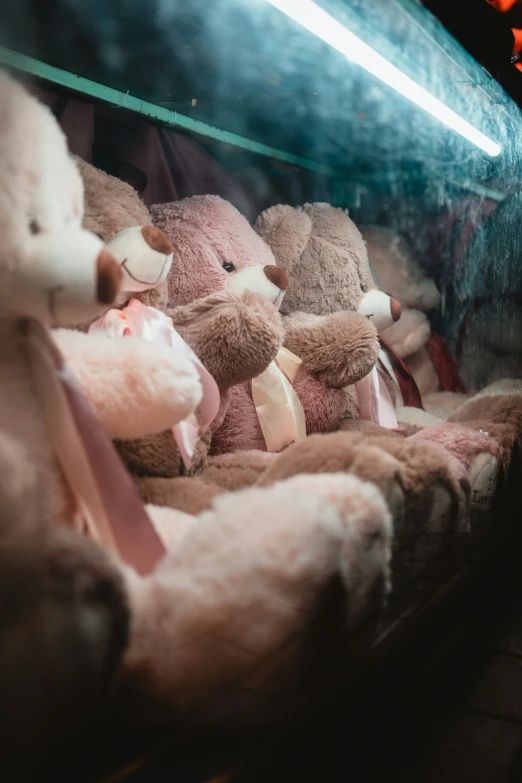 several stuffed animals, teddy bears with ribbons hanging from the wall