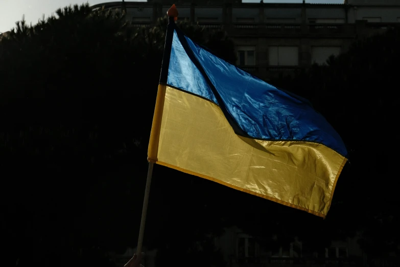 a close up of a yellow and blue flag waving