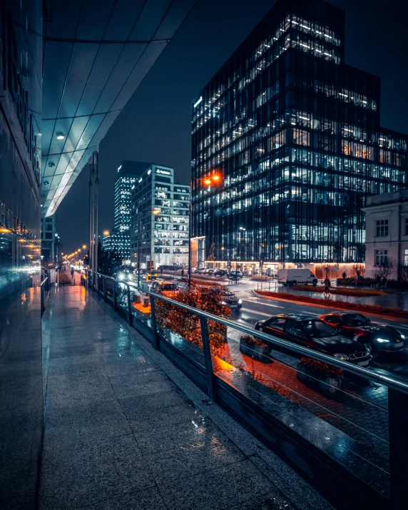 there is a view of the city streets at night from a very high angle