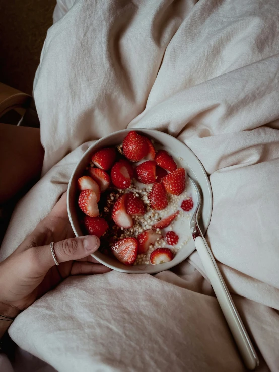 a bowl of yogurt with strawberries and granola