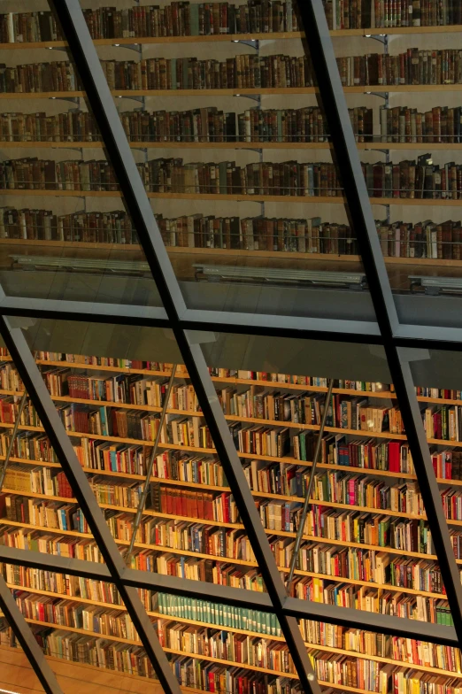 the interior of a liry with books lined up on a wall