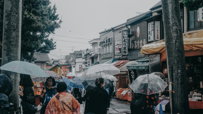 a group of people walking in the rain holding umbrellas