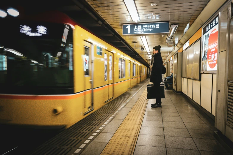 there is a person with a suitcase on the train platform