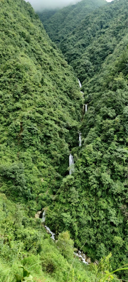 several waterfalls running into the middle of a jungle