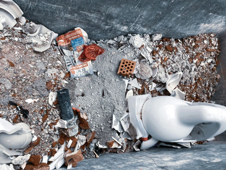 an old restroom has broken tiles and rust