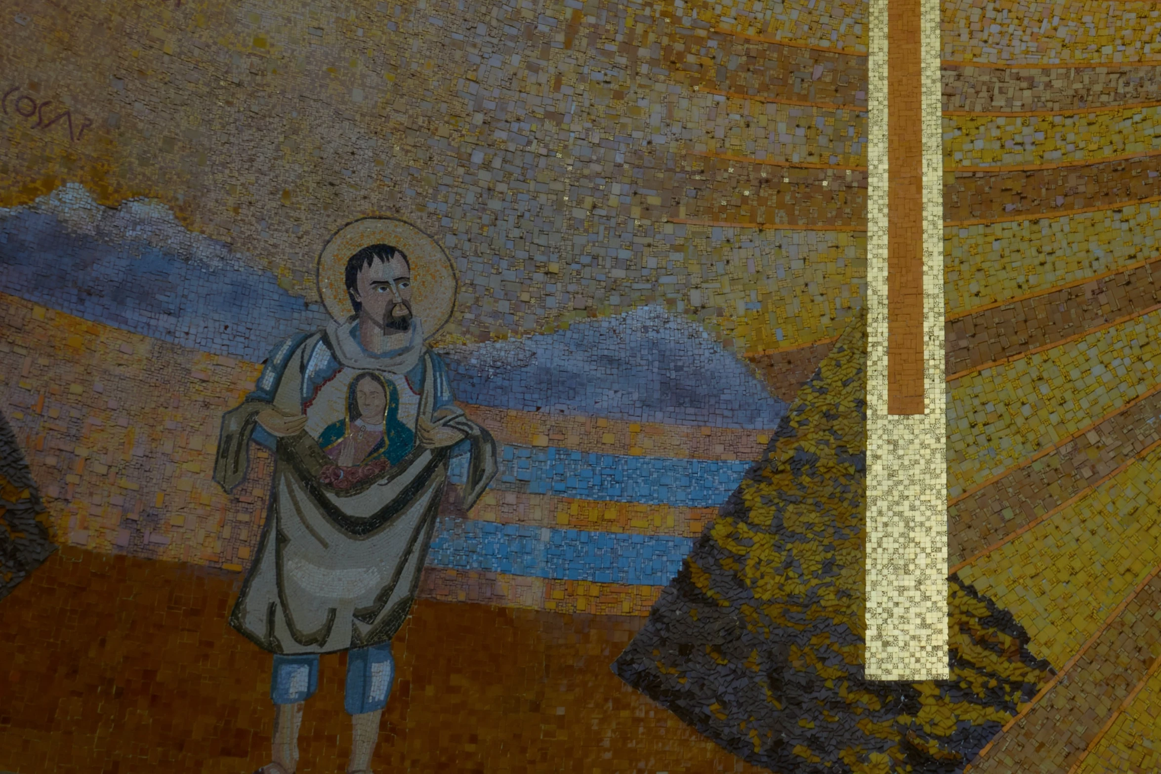 a painting depicting the jesus in front of a golden cross