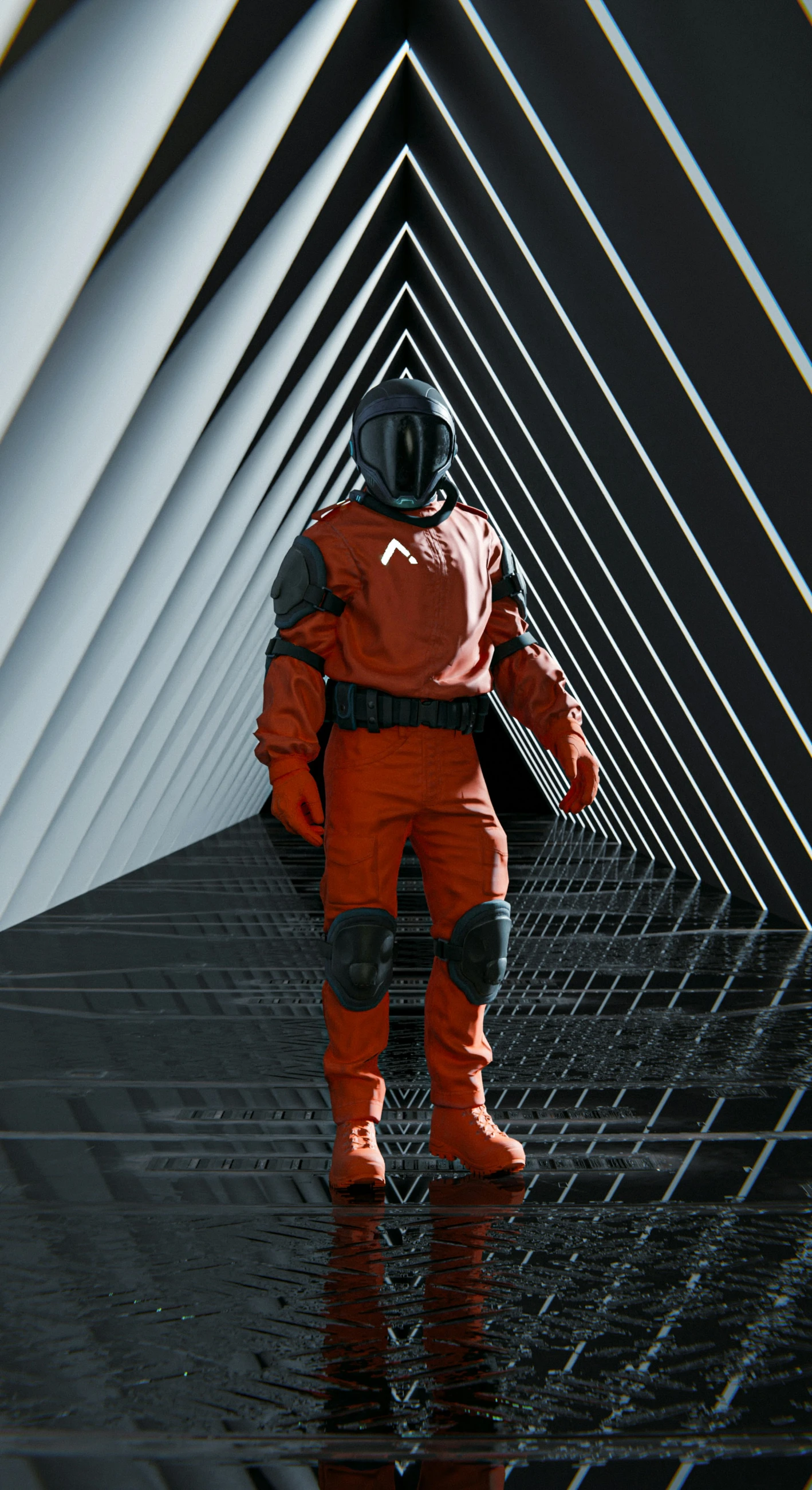 a man in space suit, with arm extended looking up into the distance